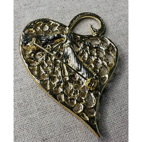 Vintage Rhinestone And Gold Heart Shape Leaf Brooch Jewelry Costume Jewelry - Picture 5 of 6